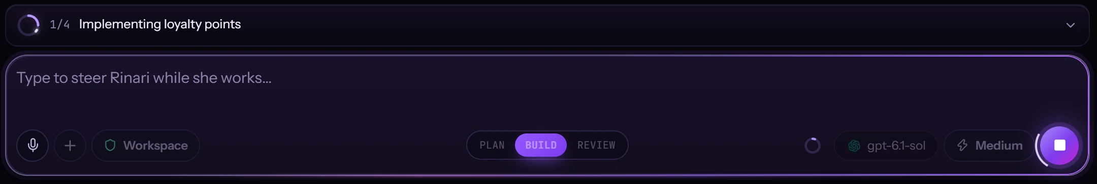 The checklist above the composer: step 1 of 4, Implementing loyalty points, while Rinari works in BUILD