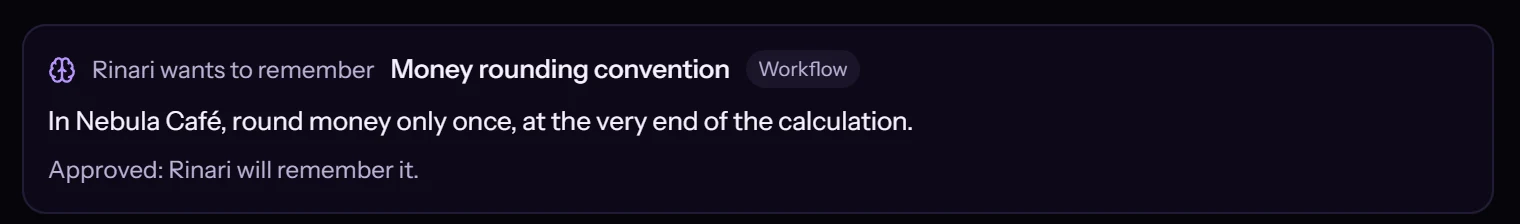 A memory card in the chat: Rinari wants to remember the money rounding convention, approved