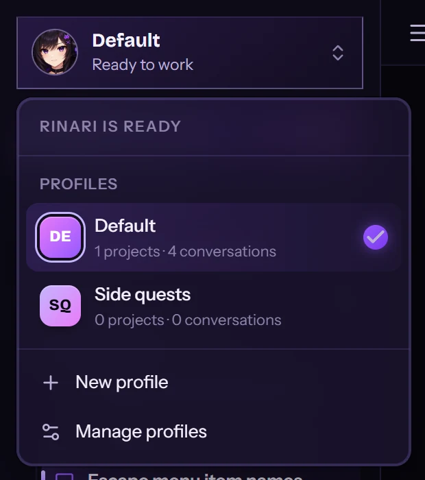 The profile menu in the sidebar header: Default with one project and four conversations, and an empty Side quests profile