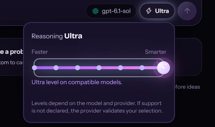 The reasoning slider set to Ultra, with the note that levels depend on the model and provider