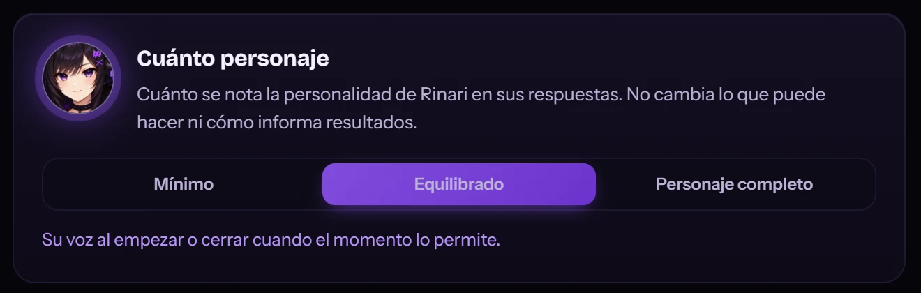 Cuánto se nota la personalidad de Rinari en sus respuestas. No cambia lo que puede hacer ni cómo informa resultados.